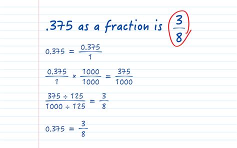 For calculation, here's how to convert 6.375 as a Fraction using the formula above, step by step instructions are given below. Take only after the decimal point part for calculation. Then, divide that value by 1. Multiply both numerator and denominator by 1000 (because there are 3 digits after the decimal point so that is 10 3 = 1000).